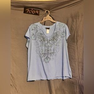 Revolution Light Blue V-Neck Tee with Rhinestone Flourish